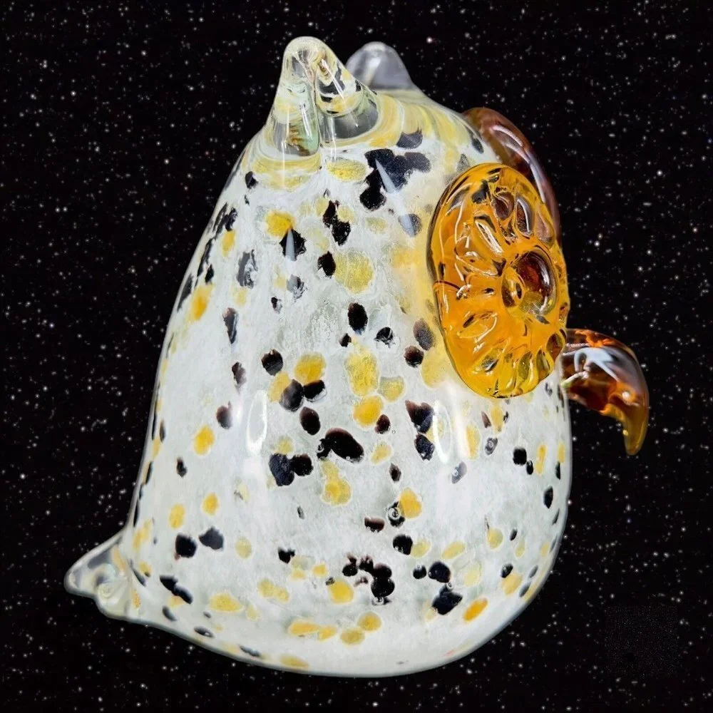Hollow Owl Bird Art Glass Paperweight Figurine White With‎ Dots Amber Eyes Glass